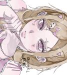  1girl aegyo_sal barbell_piercing blonde_hair bow bracelet caru_c1 cat_hair_ornament closed_mouth commentary drawn_ears drawn_whiskers ear_piercing eyebrow_piercing face_piercing fingernails hair_bow hair_ornament hairclip highres industrial_piercing jewelry long_hair looking_at_viewer nail_art original parted_bangs piercing pink_eyes pink_nails polka_dot polka_dot_bow portrait sharp_fingernails sideways simple_background solo_focus twitter_username untranslatable_commentary white_background 