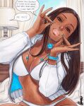  1girl artist_name bed bikini blue_gem blue_hoodie blue_nails blue_sky blue_trim bracelet breasts brown_eyes brown_hair cleavage cloud curtains dark-skinned_female dark_skin english_text gem highres holding holding_jewelry holding_necklace hood hoodie jewelry lamp large_breasts long_hair long_sleeves looking_at_viewer navel necklace omar_dogan open_clothes open_hoodie original parted_lips protected_link scan signature sitting sky speech_bubble swimsuit traditional_media two-tone_hoodie very_long_hair white_bikini white_hoodie window 