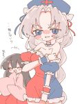  +++ 2girls ^_^ adapted_costume blue_choker blue_dress blue_eyes blue_wrist_cuffs blush brown_hair choker closed_eyes commentary_request cross detached_sleeves dress facing_viewer frilled_choker frills grey_hair hat houraisan_kaguya long_hair looking_at_viewer mismatched_wrist_cuffs mokotan802 multiple_girls nurse_cap off-shoulder_dress off_shoulder open_mouth pink_shirt red_cross red_dress red_skirt red_wrist_cuffs shirt skirt smile sweatdrop touhou translation_request two-tone_dress very_long_hair wrist_cuffs yagokoro_eirin 