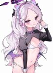  ahoge blue_archive bra commentary_request demon_girl demon_horns demon_wings groin halo highres hina_(blue_archive) horns long_hair looking_at_viewer low_wings navel purple_eyes reverse_bunnysuit reverse_outfit siho_is_alien simple_background standing translation_request underwear white_background white_bra white_hair wings 