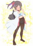  1girl absurdres blue_bra blue_panties blush bra breasts brown_eyes brown_hair brown_pantyhose cleavage closed_mouth commentary embarrassed eyebrows_hidden_by_hair from_side full_body highres holding holding_unworn_clothes holding_unworn_skirt lab_coat looking_at_viewer medium_breasts medium_hair onii-chan_wa_oshimai! oyama_mihari panties panties_under_pantyhose pantyhose short_twintails skirt smile solo twintails underwear untranslatable_commentary unworn_skirt wanpai_liu 