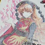  1girl black_sash blonde_hair colored_pencil_(medium) commentary_request dalachi_(headdress) energy highres junko_(touhou) long_hair photo_(medium) red_eyes red_tabard sash socha solo tabard touhou traditional_media very_long_hair 