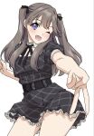  1girl :d ;d black_dress black_ribbon brown_hair clenched_hand commentary cowboy_shot dress fujishima_megumi gyaru_v highres looking_at_viewer love_live! love_live!_hasu_no_sora_jogakuin_school_idol_club neck_ribbon one_eye_closed open_mouth poizun_(user_wmgk4287) puffy_short_sleeves puffy_sleeves purple_eyes ribbon short_dress short_sleeves simple_background smile solo standing two_side_up v virtual_youtuber white_background 