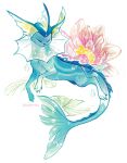  animal_focus claws closed_eyes closed_mouth english_commentary fins flower full_body hawberries head_fins lily_pad no_humans painting_(medium) pink_flower pokemon pokemon_(creature) pokemon_focus simple_background traditional_media vaporeon white_background 