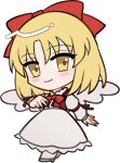  1girl blonde_hair blush bow bowtie chibi chibi_only closed_mouth dress full_body gengetsu_(touhou) hair_bow hand_up long_dress long_sleeves looking_at_viewer mirei_(miirei) red_bow red_bowtie shoes short_hair simple_background smile solo standing touhou touhou_(pc-98) transparent_background white_dress white_shoes white_wings wings yellow_eyes 