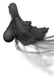  1girl absurdres ass black_dress bloodborne bottomless breasts cleavage commentary_request covered_sideboob cropped_legs dress faceless faceless_female faceless_hood floating from_side ghost gigantic_breasts greyscale highres hood mergo's_wet_nurse mo_mi_sa_ki monochrome pale_skin sideboob smoke smoke_trail solo white_background 