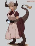 3:4 absurd_res barefoot biped bipedal_taur breasts clothed clothed_female clothed_taur clothing dragon dragon_taur feet female hi_res holding_object holding_teapot horn humanoid_taur maid_headdress maid_uniform mythological_creature mythological_scalie mythology scalie signature solo split_form taur teapot tlto1910 uniform