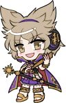  1girl :d bare_shoulders blush brown_eyes brown_hair chibi chibi_only cloak earmuffs full_body hairband looking_at_viewer mirei_(miirei) neck_ribbon open_mouth pleated_skirt pointy_hair purple_cloak purple_hairband purple_ribbon purple_skirt ribbon ritual_baton sandals shirt short_hair simple_background skirt sleeveless sleeveless_shirt smile solo standing touhou toyosatomimi_no_miko transparent_background yellow_sandals yellow_shirt 