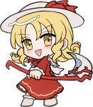  1girl :d blonde_hair blush chibi chibi_only dress elly_(touhou) full_body hat hat_ribbon holding holding_scythe long_dress long_hair long_sleeves looking_at_viewer mirei_(miirei) neck_ribbon no_shoes open_mouth parted_bangs red_dress red_ribbon ribbon scythe simple_background smile socks solo standing touhou touhou_(pc-98) transparent_background v-shaped_eyebrows white_hat white_socks yellow_eyes 