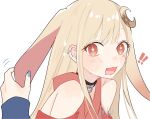  ! !! 2girls animal_ears black_choker blonde_hair blue_nails blush brown_eyes cho_kaguya-hime! choker clothing_cutout commentary crescent crescent_hair_ornament ear_blush ear_piercing facial_mark fang female_pov hair_ornament hand_on_another's_ear highres kaguya_(cho_kaguya-hime!) long_hair multiple_girls nail_polish open_mouth piercing pov rabbit_ears sakayori_iroha shoulder_cutout simple_background skin_fang solo_focus untranslatable_commentary urtk07 white_background yuri 