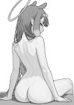  1girl absurdres ass back blunt_bangs center-flap_bangs commentary commission completely_nude danimocles english_commentary from_behind greyscale halo highres hololive hololive_english long_hair looking_at_viewer looking_back median_furrow monochrome ninomae_ina'nis nude pointy_ears sidelocks simple_background sitting sketch solo straight_hair tentacle_hair very_long_hair virtual_youtuber 