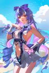  1girl absurdres ahoge arm_warmers bare_shoulders beach blue_sky bow bowtie breasts chinese_commentary cleavage cleavage_cutout clothing_cutout cloud commentary_request cowboy_shot day drill_hair drill_sidelocks frilled_arm_warmers frilled_one-piece_swimsuit frills hair_bow hairband hand_on_own_chest hand_on_own_hip highres large_breasts long_hair looking_at_viewer mole mole_under_eye multicolored_hair navel navel_cutout ocean one-piece_swimsuit outdoors pink_bow pointy_ears purple_bow purple_bowtie purple_hair purple_hairband purple_nails sideboob sidelocks sky solo standing streaked_hair swimsuit twin_drills vivian_banshee white_streaks xhs_xiaokaola zenless_zone_zero 