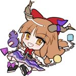  1girl black_shoes blunt_bangs blush bow bowtie brown_eyes brown_hair brown_horns chain chibi chibi_only cube footwear_bow frilled_wrist_cuffs frills full_body grin hair_bow horn_ornament horn_ribbon horns ibuki_suika long_hair looking_at_viewer mirei_(miirei) purple_bow purple_ribbon purple_skirt red_bow red_bowtie ribbon shirt shoes simple_background sitting skirt sleeveless sleeveless_shirt smile solo touhou transparent_background white_shirt wrist_cuffs 