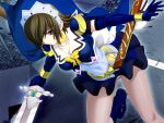  1girl 2000s_(style) belt boots breasts brown_hair choker cleavage closed_mouth elbow_gloves ellenis game_asset gloves hair_over_one_eye headdress large_breasts magical_girl mahou_senshi_(series) mahou_senshi_symphonic_knights medium_breasts non-web_source official_art panties panties_under_pantyhose pantyhose pantyshot purple_eyes saitou_natsuki see-through_clothes self-datamine short_hair skirt solo sword underwear variant_set visual_novel_cg weapon 