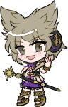  1girl :d bare_shoulders blush brown_eyes brown_hair chibi chibi_only earmuffs full_body looking_at_viewer mirei_(miirei) neck_ribbon open_mouth pleated_skirt pointy_hair purple_ribbon purple_skirt ribbon ritual_baton sandals shirt short_hair simple_background skirt sleeveless sleeveless_shirt smile solo standing touhou toyosatomimi_no_miko transparent_background yellow_sandals yellow_shirt 