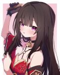  1girl bare_shoulders bell black_choker black_gloves black_hair blush breasts brushing_hair choker cleavage comb commentary_request gloves hair_down hair_intakes highres holding honkai:_star_rail honkai_(series) jingle_bell long_hair looking_at_viewer neck_bell o-ring sasanekomaru solo sparkle_(honkai:_star_rail) upper_body 