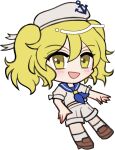  1girl :d blonde_hair blue_neckerchief blue_sailor_collar blush brown_shoes chibi chibi_only double-parted_bangs full_body hair_between_eyes hat kitashirakawa_chiyuri looking_at_viewer mirei_(miirei) neckerchief open_mouth sailor_collar sailor_hat sailor_shirt shirt shoes short_hair short_sleeves shorts simple_background smile socks solo standing touhou touhou_(pc-98) transparent_background twintails white_hat white_shirt white_shorts white_socks yellow_eyes 
