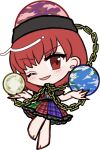  1girl :d ;d barefoot black_hat black_shirt blush chain chibi chibi_only earth_(ornament) full_body green_skirt hat hecatia_lapislazuli looking_at_viewer mirei_(miirei) moon_(ornament) multicolored_skirt one_eye_closed open_mouth plaid_clothes plaid_skirt pleated_skirt purple_skirt red_eyes red_hair red_skirt shirt short_hair short_sleeves simple_background skirt smile solo standing t-shirt touhou transparent_background 