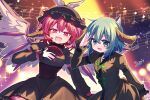  2girls animal_ears bird_ears bird_wings blush breasts choujuu_gigaku commentary_request dog_ears dog_girl dog_tail dress hair_between_eyes highres juliet_sleeves kasodani_kyouko long_sleeves looking_at_viewer medium_hair multiple_girls musical_note musical_staff mystia_lorelei neck_ribbon open_mouth pink_eyes pink_hair pokopoko_ponzu puffy_sleeves purple_ribbon ribbon signature singing small_breasts smile tail touhou winged_hat wings 