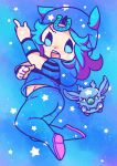  1boy ass beanie blue_eyes blue_hair blue_hat blue_hoodie blue_skin chibi chibi_only colored_shoe_soles colored_skin commentary hands_on_own_legs hat heart_ornament highres hood hoodie horseshoe_hat_ornament horseshoe_ornament johnny_joestar jojo_no_kimyou_na_bouken m_a_a_m_8 male_focus medium_hair midriff pointing pointing_at_viewer pointing_up short_sleeves stand_(jojo) starry_skin starry_sky_print steel_ball_run tusk_(stand) tusk_act1 untranslatable_commentary wristband 