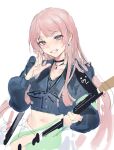  1girl bang_dream! bang_dream!_it's_mygo!!!!! black_choker blue_shirt chihaya_anon chinese_commentary choker commentary_request cowboy_shot earrings fang grey_eyes hand_up highres jewelry long_hair long_sleeves looking_at_viewer midriff pink_hair shirt simple_background smile solo unfinished white_background xiangchizhubijin 