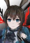 1girl absurdres amiya_(arknights) arknights ascot black_ascot blue_eyes blue_jacket brown_hair cit commentary_request energy gradient_background hair_between_eyes highres jacket long_hair looking_at_viewer open_clothes open_jacket shirt sidelocks single_bare_shoulder solo white_shirt 