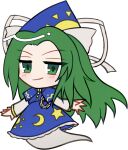  1girl blue_capelet blue_dress blue_hat blush bow capelet chibi chibi_only closed_mouth dress frilled_dress frills full_body ghost_tail green_eyes green_hair hair_bow hat long_hair long_sleeves looking_at_viewer mima_(touhou) mirei_(miirei) simple_background smile solo touhou touhou_(pc-98) transparent_background white_bow wizard_hat 