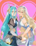  2girls :d absurdres azura_(fire_emblem) azura_(song's_reflection)_(fire_emblem) barefoot black_gloves black_hairband blue_bow blue_hair bow breasts clothing_cutout commentary dress elbow_gloves female_corrin_(adrift)_(fire_emblem) female_corrin_(fire_emblem) fingerless_gloves fire_emblem fire_emblem_fates fire_emblem_heroes full_body gloves gold_choker grin hair_between_eyes hairband heart heart_background highres holding_hands interlocked_fingers jewelry kneeling kucheat_zg light_blush long_bangs long_hair long_sleeves looking_at_viewer medium_breasts multiple_girls necklace official_alternate_costume open_mouth parted_lips partially_fingerless_gloves pink_background pointy_ears puffy_sleeves red_background red_eyes side_cutout single_glove sitting small_breasts smile thighs two-tone_background veil very_long_hair wariza white_background white_dress white_hair white_hairband white_veil yellow_eyes yuri 