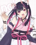  1boy animal_ears black_hair bracelet character_name cho_kaguya-hime! commentary crossdressing crossdressing_(mtf) detached_sleeves highres horns jewelry komazawa_noi long_hair nail_polish pink_eyes pink_hair pink_nails solo tail tiger_boy tiger_ears tiger_tail trap twintails urtk07 