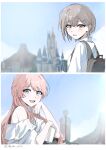  2girls absurdres backpack bag bang_dream! bang_dream!_it's_mygo!!!!! bare_shoulders black_bag blue_eyes blue_sky blurry blurry_background chihaya_anon collared_shirt commentary_request cup disposable_cup fang grey_hair hair_behind_ear hair_ornament hairclip hand_on_own_face highres light_blush long_hair looking_at_another multiple_girls off_shoulder pink_eyes pink_hair shirt short_hair sky smile suudori takamatsu_tomori white_shirt 