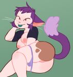  absurd_res anthro blep bottomless bottomless_anthro bottomless_female breasts clothed clothing domestic_cat felid feline felis female freckles genitals hair hi_res kimchi_(wonderslug) mammal panties_pulled_down presenting presenting_pussy purple_hair pussy short_hair solo tongue tongue_out wonderslug_(artist) 
