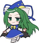  1girl blue_capelet blue_dress blue_hat blush bow bowtie capelet chibi chibi_only closed_mouth dress full_body green_eyes green_hair hair_bow hat long_hair long_sleeves looking_at_viewer mima_(touhou) mirei_(miirei) shoes simple_background smile solo standing touhou touhou_(pc-98) transparent_background white_bow white_shoes wizard_hat yellow_bow yellow_bowtie 