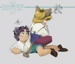  2boys animal_ears blonde_hair blush cat_boy cat_ears cat_girl dio_brando dog_boy dog_ears jojo_no_kimyou_na_bouken jonathan_joestar long_sleeves male_focus multiple_boys phantom_blood shirt shoes shorts sitting sitting_on_person tmblyeet tongue tongue_out white_shirt 