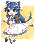  1girl :d animal_ears apron blue_eyes blue_hair blue_ribbon brown_dress brown_shoes cat_ears cat_girl cat_tail commentary_request dress frilled_apron frilled_dress frills hair_ribbon highres juliet_sleeves kanduki_kamibukuro long_hair long_sleeves looking_at_viewer love_live! love_live!_hasu_no_sora_jogakuin_school_idol_club maid maid_apron maid_headdress medium_dress murano_sayaka nyan_nyan_nyan_fair_in_gamers open_mouth pantyhose paw_pose puffy_sleeves ribbon shoes smile solo tail tail_wagging virtual_youtuber white_pantyhose yellow_background 