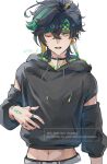  1boy aqua_headband arm_tattoo black_choker black_hair black_hoodie blonde_hair choker commentary crop_top earrings genshin_impact green_eyes green_hair green_headband hair_between_eyes hand_tattoo headband highres hood hoodie jewelry kinich_(genshin_impact) long_sleeves male_focus midriff multicolored_hair navel neck_tattoo one_eye_closed open_mouth short_hair skg_g solo spiked_ear_piercing streaked_hair tattoo untranslatable_commentary white_background 