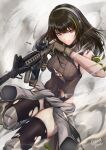  1girl absurdres armband assault_rifle black_eyes black_hair black_legwear breasts brown_eyes brown_leotard caiman_pool clothes_around_waist girls&#039;_frontline gloves green_gloves green_hair gun highres holding holding_gun holding_weapon jacket jacket_around_waist leotard long_hair m4_carbine m4a1_(girls&#039;_frontline) medium_breasts multicolored_hair rifle solo streaked_hair thighhighs torn_clothes torn_legwear torn_leotard weapon 