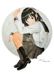 1girl absurdres black_hair black_sailor_collar blunt_bangs blush bob_cut closed_mouth comitia_156 dated full_body grey_eyes grey_skirt hand_up highres hugging_own_legs kneehighs knees_up loafers long_sleeves looking_at_viewer marker_(medium) nagomurasan original painting_(medium) pleated_skirt sailor_collar school_uniform serafuku shirt shoes short_hair signature simple_background sitting skirt smile socks solo traditional_media watercolor_(medium) white_background white_shirt 
