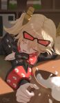  1girl absurdres alcohol aooni_09 beer beer_mug black_jacket blonde_hair burnice_white closed_eyes commentary cup drooling drunk eyewear_on_head highres holding jacket long_sleeves mug open_mouth red-tinted_eyewear signature sleeping solo spiked_jacket sunglasses tinted_eyewear twintails zenless_zone_zero 