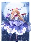  1girl absurdres black_shoes blonde_hair blush bow bowtie brown_horns chain commentary cup frilled_skirt frills full_body gourd hair_bow highres holding holding_cup holding_gourd horn_ornament horn_ribbon horns ibuki_suika looking_at_viewer night oni open_mouth orange_hair outdoors poppy_(poppykakaka) purple_skirt red_bow red_bowtie ribbon ribbon-trimmed_skirt ribbon_trim shirt shoes skirt smile socks solo teeth touhou upper_teeth_only white_shirt white_socks yellow_eyes 