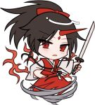  1other blush bow brown_hair chibi chibi_only commentary_request forehead_jewel full_body hair_bow holding holding_sword holding_weapon horns japanese_clothes kimono konngara_(touhou) long_hair long_sleeves looking_at_viewer mirei_(miirei) open_mouth other_focus parted_bangs ponytail red_bow red_eyes red_horns red_kimono simple_background single_horn solo sword touhou touhou_(pc-98) transparent_background weapon wide_sleeves 