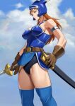 1girl absurdres armor belt black_panties blue_armor blue_helmet blue_thighhighs breasts brown_belt brown_eyes brown_gloves brown_hair cameltoe cloud cloudy_sky commentary cowboy_shot daisy_(dq) dragon_quest dragon_quest_yuusha_abel_densetsu fake_horns gloves helmet highres holding holding_sword holding_weapon horned_helmet horns medium_breasts outdoors panties scimitar sky solo standing sword thighhighs thighs toned toned_female under-elbow_gloves underwear weapon yoshio_(55level) 