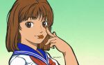 1girl akanbe blue_sailor_collar bob_cut brown_eyes brown_hair close-up eyelid_pull finger_to_cheek finger_to_face green_background hand_up highres janken_game_acchi_muite_hoi! kurrrto looking_at_viewer marker_(medium) neckerchief open_mouth painting_(medium) red_neckerchief retro_artstyle sailor_collar school_uniform serafuku shirt short_hair simple_background smile solo tomomi_(janken_game_acchi_muite_hoi!) tongue tongue_out traditional_media upper_body watercolor_(medium) white_shirt 