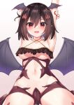  1girl :d absurdres armpits arms_up bangs bare_shoulders blush breasts brown_hair cameltoe collarbone demon_girl demon_wings eyebrows_visible_through_hair fang fingernails hair_between_eyes head_wings highres looking_at_viewer medium_breasts navel original pizza_(artist) red_eyes red_nails rubia-chan_(pizza) short_hair smile solo stomach stretch thighs underboob wings 