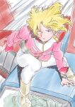  1girl between_legs blonde_hair blue_eyes boots car commentary_request determined dynamic_pose fingernails frown gundam hand_between_own_legs highres jacket kico_factory messy_hair mobile_suit_gundam motion_lines motor_vehicle narrowed_eyes on_car pantyhose pink_jacket sayla_mass solo squatting watch white_pantyhose wristwatch 