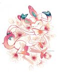  animal_focus artist_name blush bow cherry_blossoms claws closed_eyes closed_mouth english_commentary flower full_body happy hawberries no_humans painting_(medium) petals pink_flower pokemon pokemon_(creature) pokemon_focus ribbon simple_background smile solo sparkle sylveon traditional_media white_background 