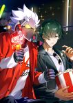  1girl 2boys absurdres animal_ears bangboo_(zenless_zone_zero) billy_kid black_jacket blush clenched_hand commentary_request eating erisaki_shimatsu eyewear_hang faceless faceless_female food glowstick green_eyes green_hair hair_over_one_eye highres holding holding_glowstick humanoid_robot jacket lighter_(zenless_zone_zero) long_sleeves male_focus multiple_boys open_clothes popcorn red_jacket robot robot_boy shirt sparkle spiked_hair sunglasses sweat t-shirt unworn_eyewear white_hair white_shirt zenless_zone_zero 