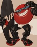 4:5 7_up absurd_res big_feet big_palms black_arms black_legs clothing cool_spot eyewear feet flip_flops footwear hi_res humanoid long_feet male mascot muscular muscular_arms muscular_legs muscular_male not_furry ravuer red_body sandals shoes silver_sunglasses simple_background smile solo standing sunglass sunglasses surfer swimming_trunks swimwear teeth