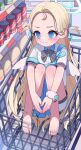  1girl absurdres angel's_24_uniform_(blue_archive) apron barefoot black_necktie blonde_hair blue_apron blue_archive blue_eyes blue_halo blush chinese_commentary commentary_request convenience_store diagonal-striped_clothes diagonal-striped_necktie feet forehead halo highres hugging_own_legs in_shopping_cart indoors long_hair mini_wings nail_polish necktie polo_shirt scrunchie shirt shop shopping_cart short_sleeves solo sora_(blue_archive) striped_clothes striped_necktie toenail_polish toenails toes two_side_up white_scrunchie white_shirt white_wings wings wrist_scrunchie xiamu_chiyu 