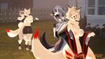  16:9 2_tails 3d_(artwork) 3d_background anthro big_breasts breasts canid canid_demon canine canis clothed clothing demon digital_media_(artwork) duo female female/female fox fur genitals group hair hellhound helluva_boss hi_res loona_(helluva_boss) mammal multi_tail nipples noriko_(petruz) nude open_mouth orangeflyingfox partially_clothed simple_background white_body white_fur widescreen wolf yellow_eyes 