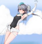  1girl absurdres aqua_headwear arm_up black_ribbon black_swimsuit blue_sky cloud competition_swimsuit cowboy_shot dated day garrison_cap gloves grey_eyes grey_hair hair_ornament hair_ribbon hat highleg highleg_swimsuit highres kantai_collection long_hair maru_(marg0613) one-piece_swimsuit outdoors ribbon scamp_(kancolle) short_shorts shorts side_ponytail sky solo star_(symbol) star_hair_ornament string swimsuit twitter_username white_gloves white_shorts 